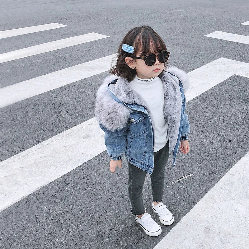 Girl Toddler winter Denim Jacket with Soft Pink Hoodie Lining – Stylish & Comfortable