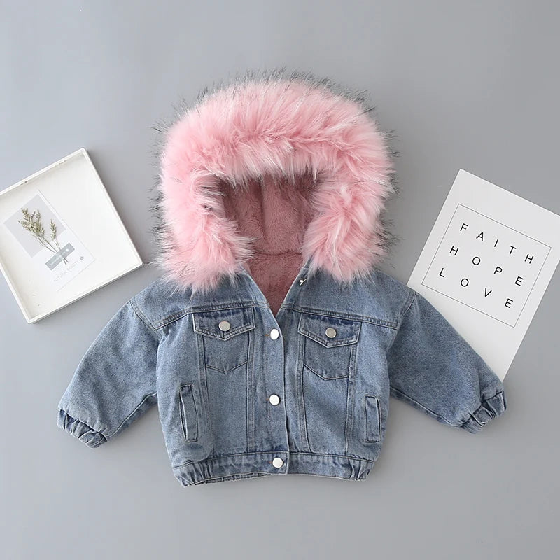 Girl Toddler winter Denim Jacket with Soft Pink Hoodie Lining – Stylish & Comfortable