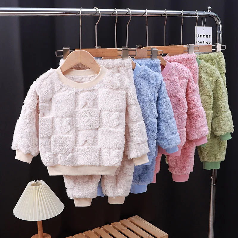 Thickened Warm Flannel Children's Clothes Set Boys and Girls Padded Pajamas Cartoon Bear Sleepwear Kids Loungewear Two Piece