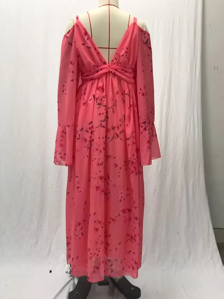 Sexy Long Floral Print Maternity Dress V-Neck Loose-Fit Versatile Base Skirt Pregnancy Clothes Casual Dress For Pregnant Women