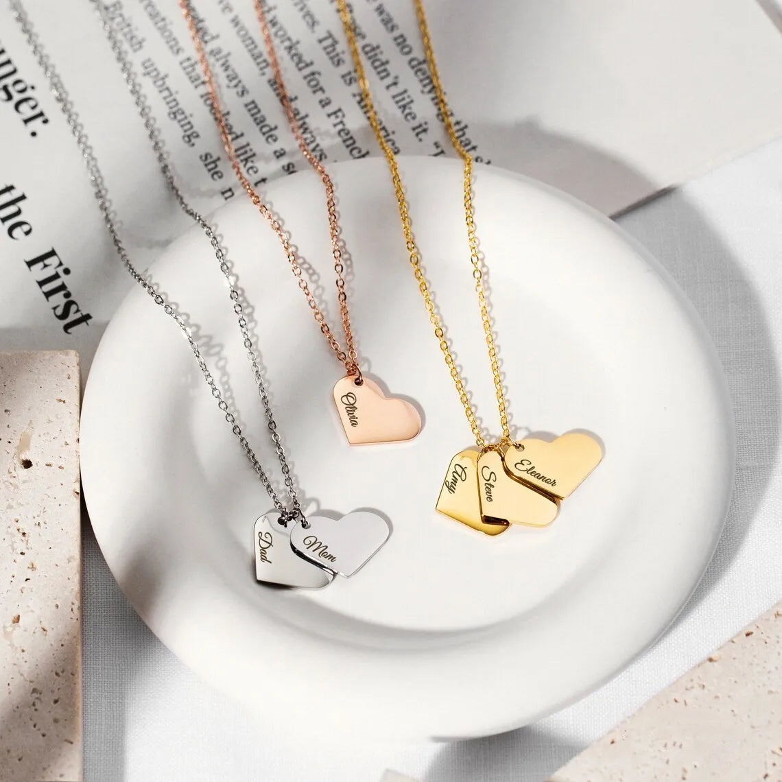 Personalised Gold Heart Necklace with Custom Name Engraving Gift for Mom
