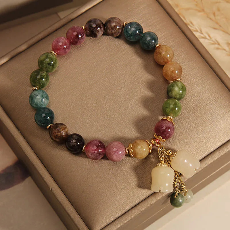 Exquisite Stone Bracelet Elegant Lily of The Valley Flower Pendant Elastic Beaded Bracelets for Women Party Jewellery Gift