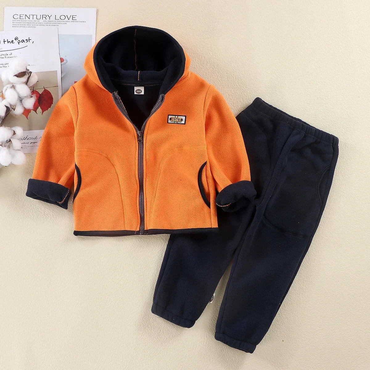 New Autumn Winter Kids Thicken Warm Casual Clothing Sets Boys & Girls Soft Fleece Solid Zipper Hooded Coat and pant