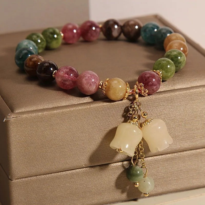 Exquisite Stone Bracelet Elegant Lily of The Valley Flower Pendant Elastic Beaded Bracelets for Women Party Jewellery Gift