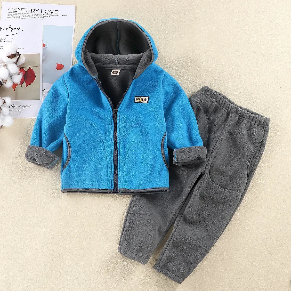 New Autumn Winter Kids Thicken Warm Casual Clothing Sets Boys & Girls Soft Fleece Solid Zipper Hooded Coat and pant