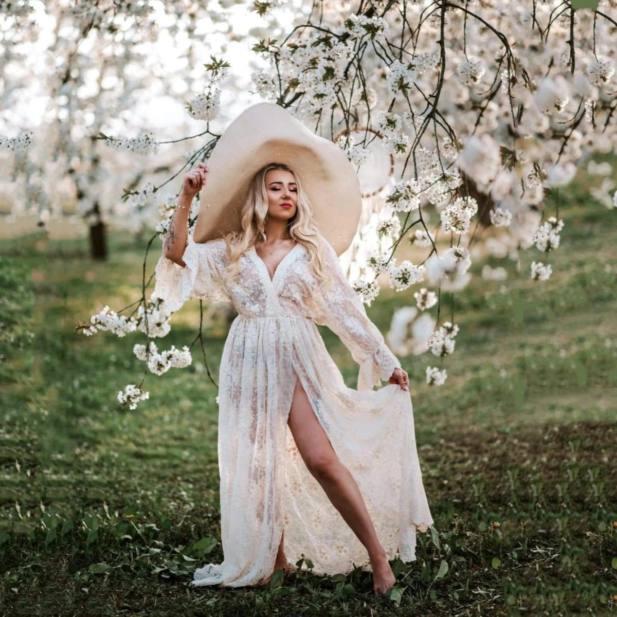 Boho Embroidered Lace Maternity Dress For Photo Session Sides Slit Lace Pregnancy Photography Long Dress