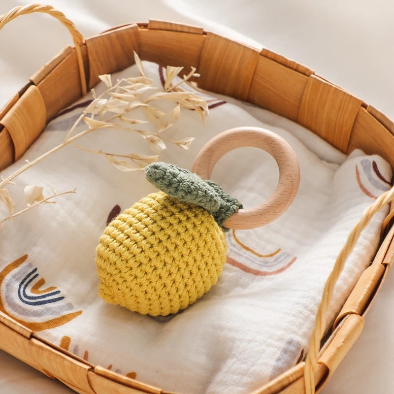 Baby Crochet Lemon Rattle Toys Wooden Bracelet Fruit Musical Rattle Teether Toys Handbell baby Soothing Oral Nursing Bite Toy