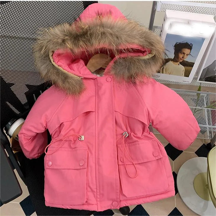 Winter children's wear Plush thickened cotton coat windbreaker coat New boys and girls medium length Plush waist cotton jacket