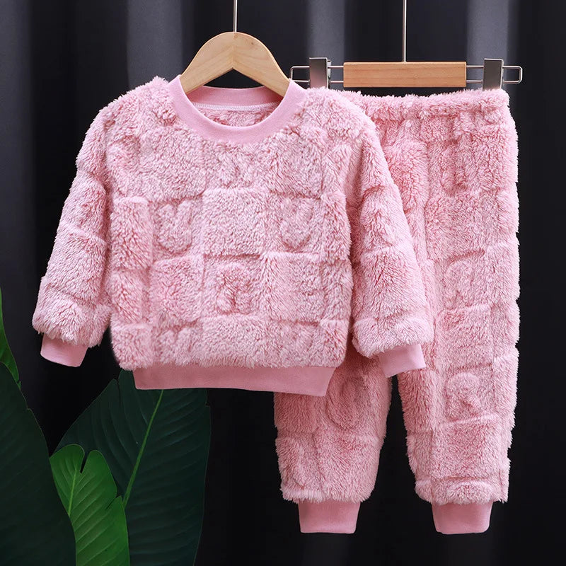 Thickened Warm Flannel Children's Clothes Set Boys and Girls Padded Pajamas Cartoon Bear Sleepwear Kids Loungewear Two Piece