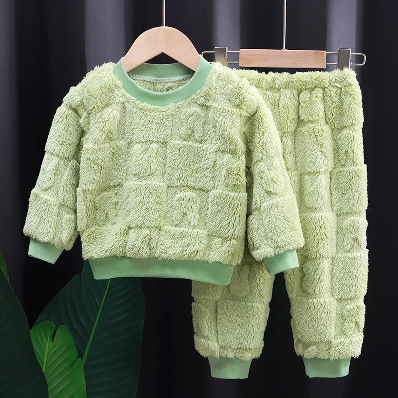 Thickened Warm Flannel Children's Clothes Set Boys and Girls Padded Pajamas Cartoon Bear Sleepwear Kids Loungewear Two Piece