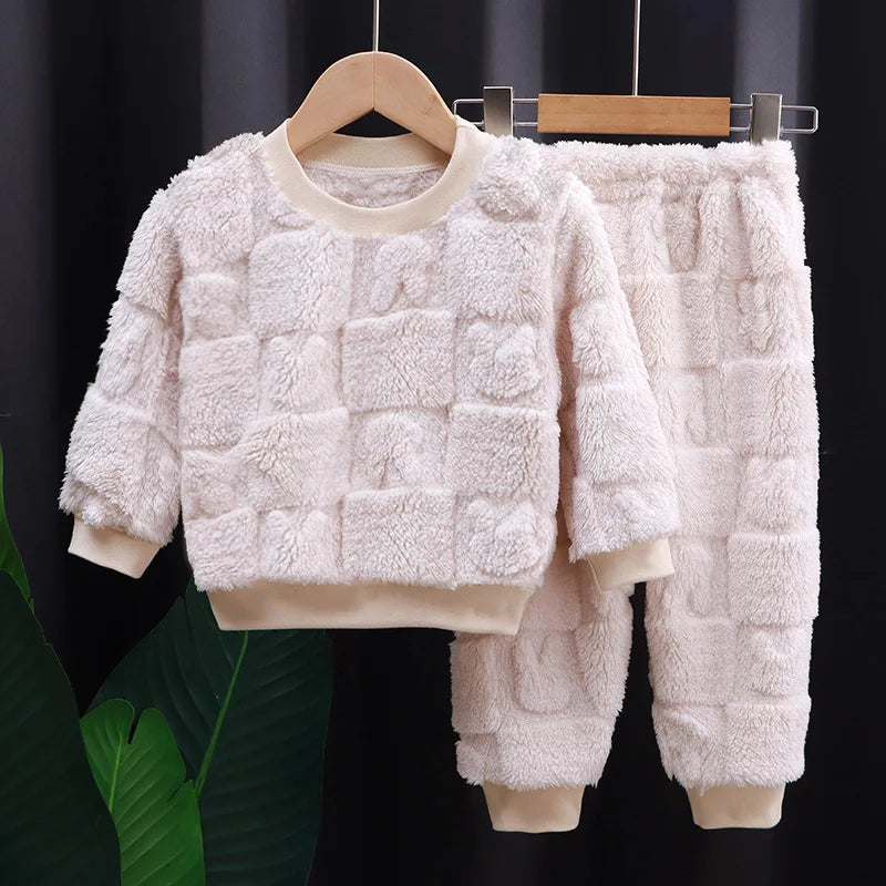 Thickened Warm Flannel Children's Clothes Set Boys and Girls Padded Pajamas Cartoon Bear Sleepwear Kids Loungewear Two Piece