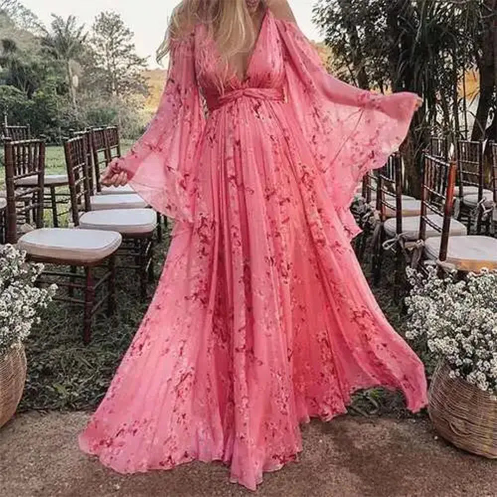 Sexy Long Floral Print Maternity Dress V-Neck Loose-Fit Versatile Base Skirt Pregnancy Clothes Casual Dress For Pregnant Women