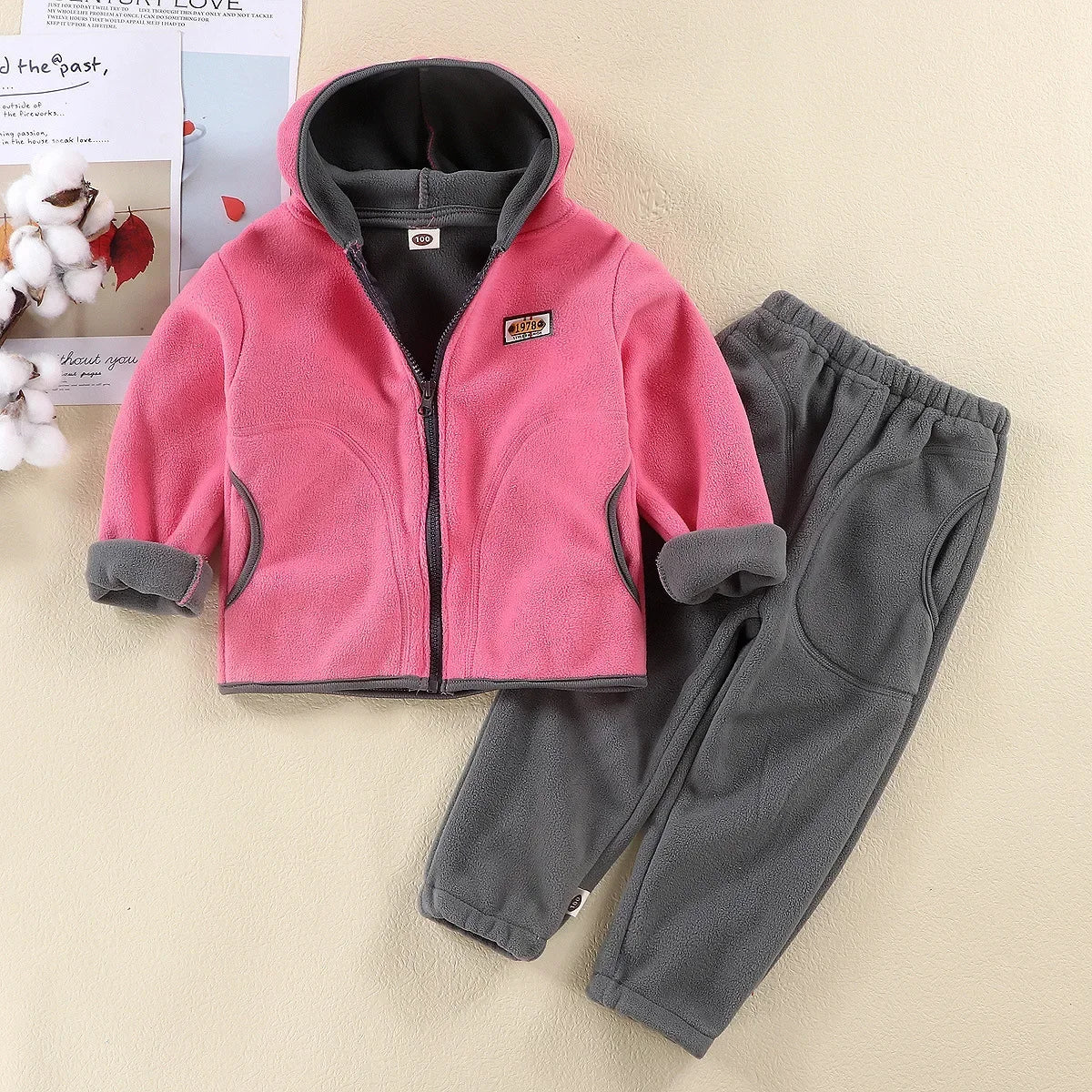 New Autumn Winter Kids Thicken Warm Casual Clothing Sets Boys & Girls Soft Fleece Solid Zipper Hooded Coat and pant