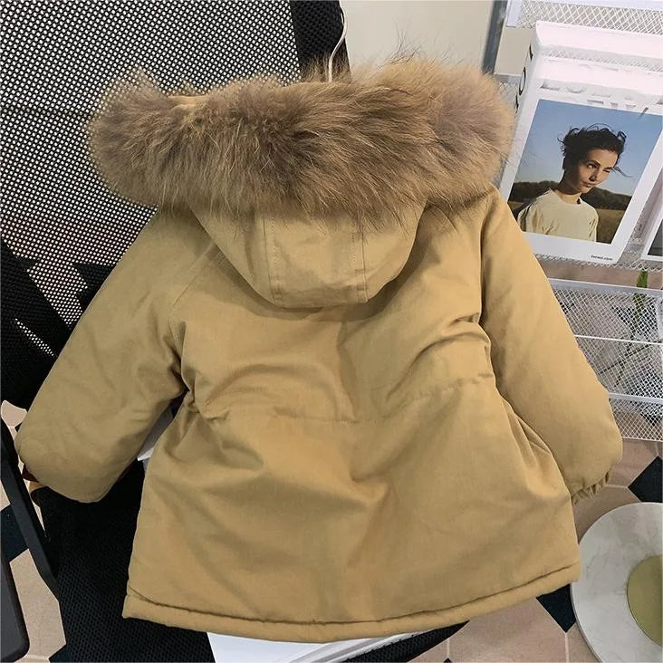 Winter children's wear Plush thickened cotton coat windbreaker coat New boys and girls medium length Plush waist cotton jacket