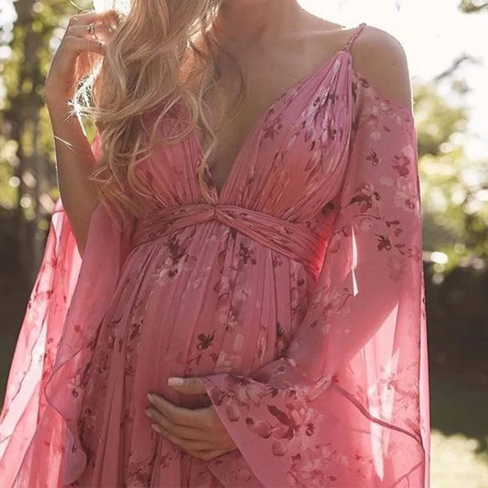 Sexy Long Floral Print Maternity Dress V-Neck Loose-Fit Versatile Base Skirt Pregnancy Clothes Casual Dress For Pregnant Women