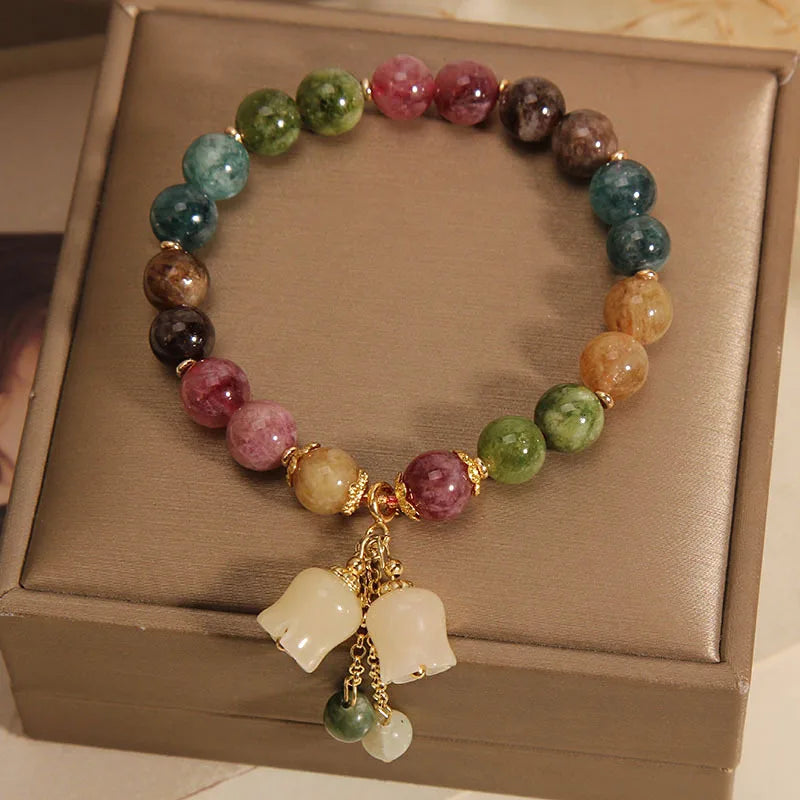 Exquisite Stone Bracelet Elegant Lily of The Valley Flower Pendant Elastic Beaded Bracelets for Women Party Jewellery Gift