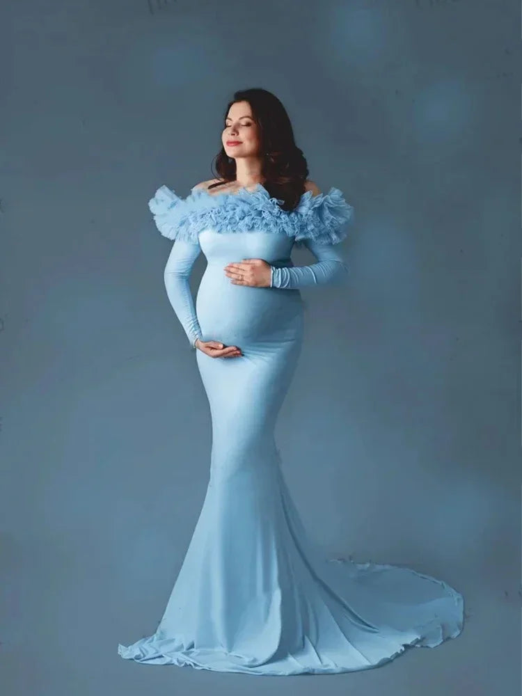 Customised Elegant Blue Maternity Dress for Baby Shower Mermaid Pregnant Women Gowns
