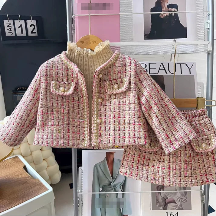 Girls New Autumn and Winter Small Fragrant Style Sub Set with Cotton Padded Coat Solid Color Skirt Sweater