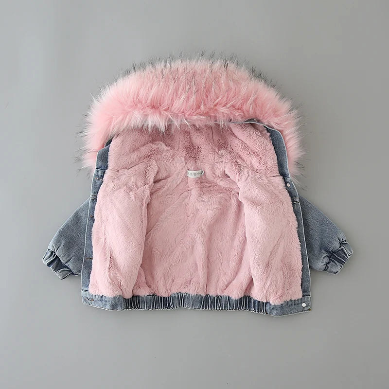 Girl Toddler winter Denim Jacket with Soft Pink Hoodie Lining – Stylish & Comfortable