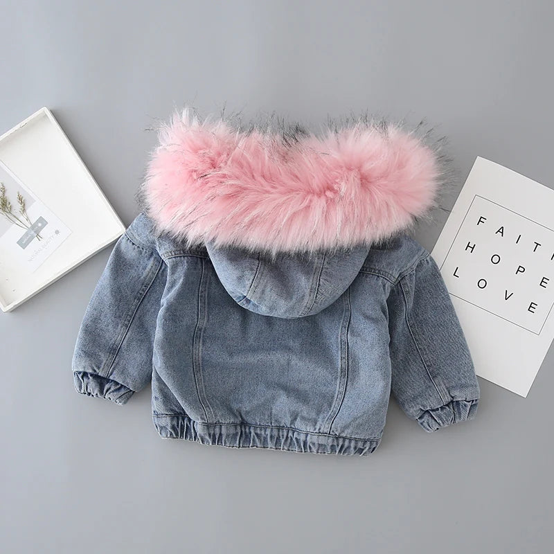 Girl Toddler winter Denim Jacket with Soft Pink Hoodie Lining – Stylish & Comfortable