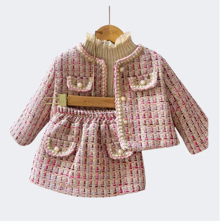Girls New Autumn and Winter Small Fragrant Style Sub Set with Cotton Padded Coat Solid Color Skirt Sweater