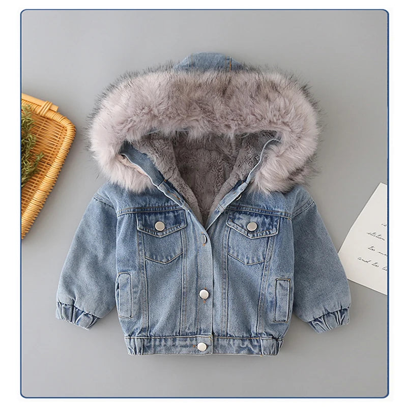 Girl Toddler winter Denim Jacket with Soft Pink Hoodie Lining – Stylish & Comfortable