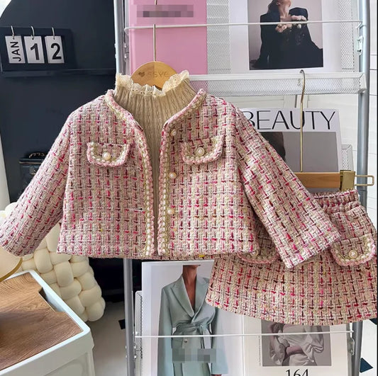 Girls New Autumn and Winter Small Fragrant Style Sub Set with Cotton Padded Coat Solid Color Skirt Sweater