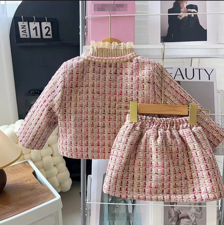 Girls New Autumn and Winter Small Fragrant Style Sub Set with Cotton Padded Coat Solid Color Skirt Sweater