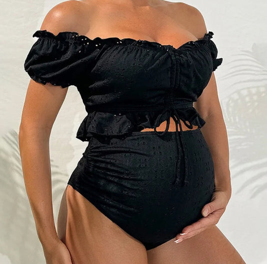 Maternity Bikini Set High Waisted Two Piece Swimsuit Pregnant Women Bathers Black Bathing Suit Summer Beach Swimwear