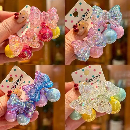 1 Pair Kids Elastic Hair Bands - Sparkling Gradient Bursting Bow Cute Headwear Girls Hair Accessories