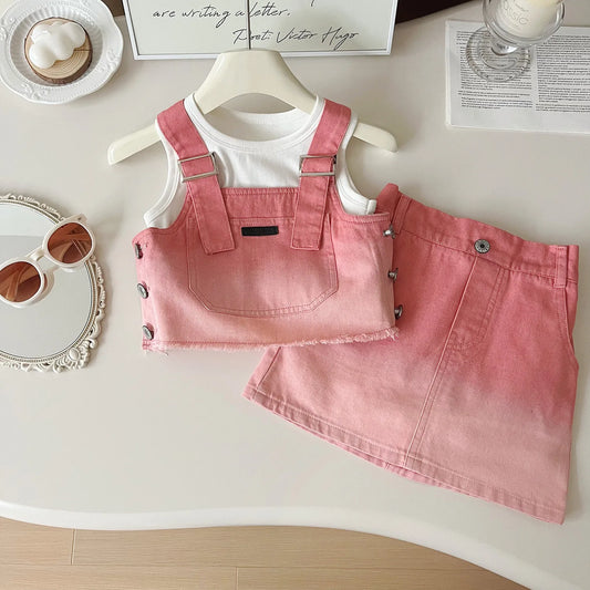 Denim Halter + Sleeveless T-shirt + Skirt 3piece