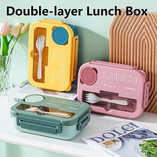 Student Lunch Box Double-layer Portable Compartment with Lids Leak-Proof