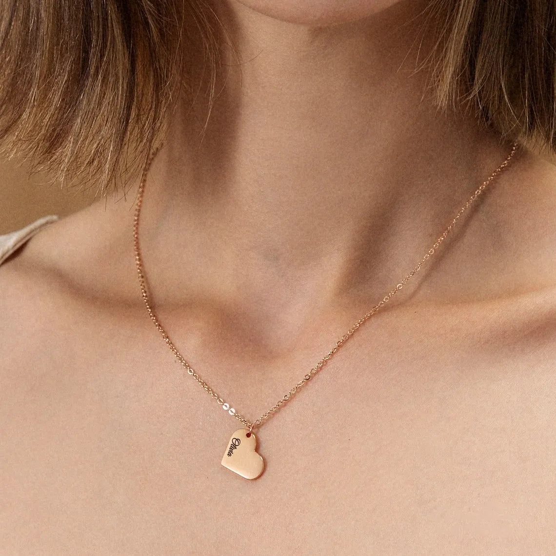 Personalised Gold Heart Necklace with Custom Name Engraving  Gift for Mom