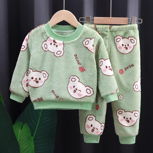Thickened Warm Flannel Children's Clothes Set Boys and Girls Padded Pajamas Cartoon Bear Sleepwear Kids Loungewear Two Piece