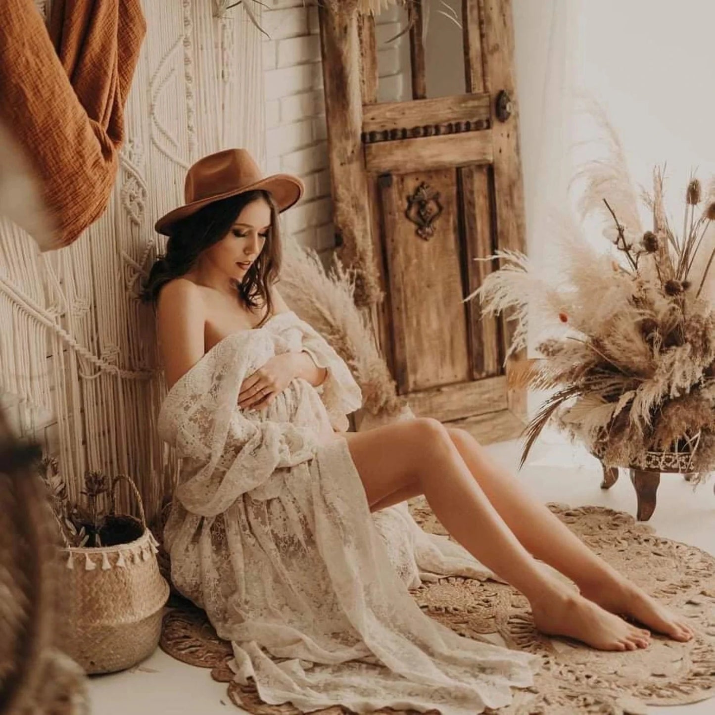 Boho Embroidered Lace Maternity Dress For Photo Session Sides Slit Lace Pregnancy Photography Long Dress