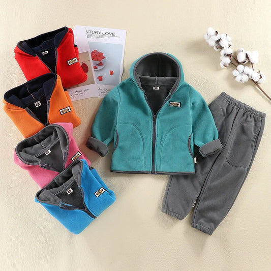 New Autumn Winter Kids Thicken Warm Casual Clothing Sets  Boys & Girls Soft Fleece Solid Zipper Hooded Coat and pant