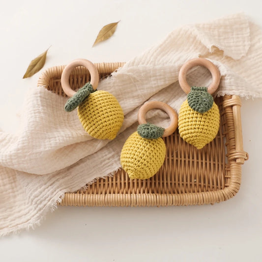 Baby Crochet Lemon Rattle Toys Wooden Bracelet Fruit Musical Rattle Teether Toys Handbell baby Soothing Oral Nursing Bite Toy