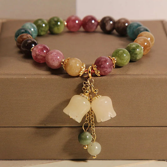 Exquisite Stone Bracelet Elegant Lily of The Valley Flower Pendant Elastic Beaded Bracelets for Women Party Jewellery Gift