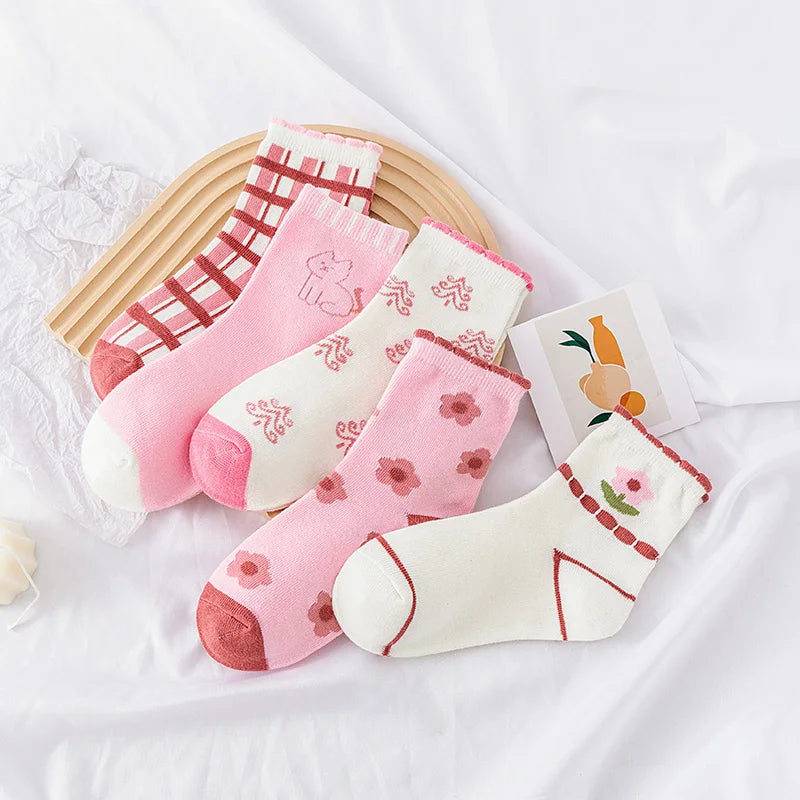5 Pairs Pink Flower Knit Warm Childrens Socks