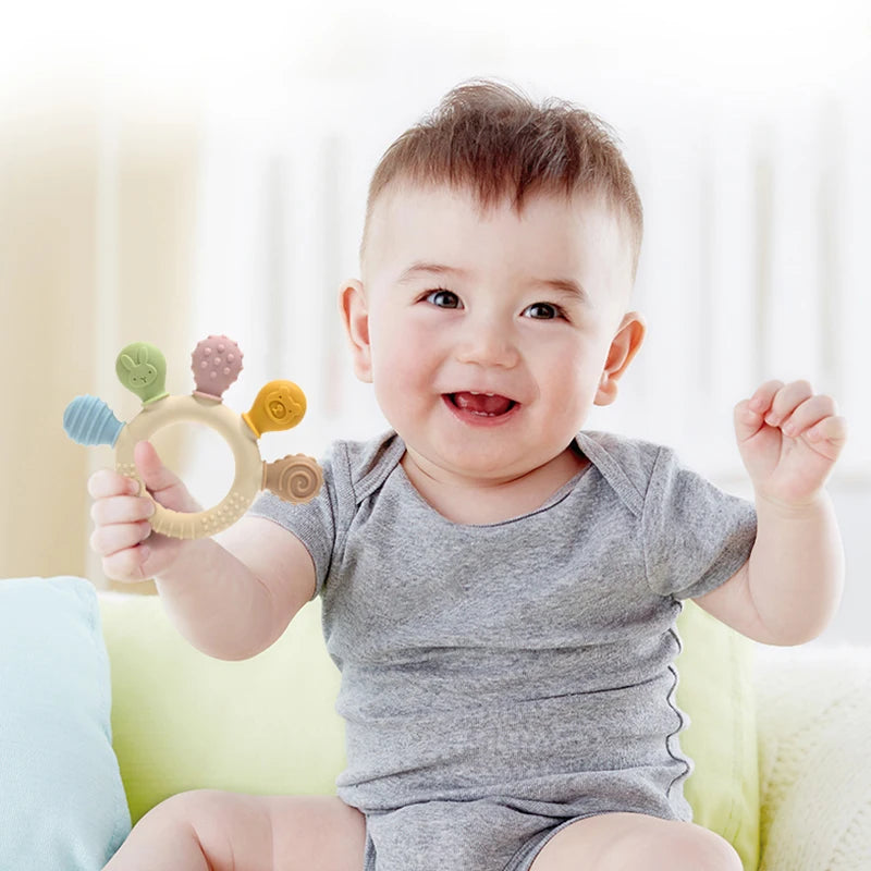 New hand multicolor Silicone Baby Ring Teether Anxiety Teething Toys 0-12  months old