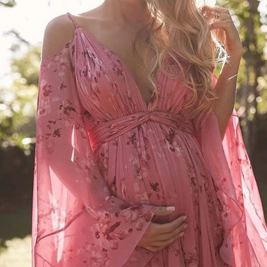 Sexy Long Floral Print Maternity Dress V-Neck Loose-Fit Versatile Base Skirt Pregnancy Clothes Casual Dress For Pregnant Women