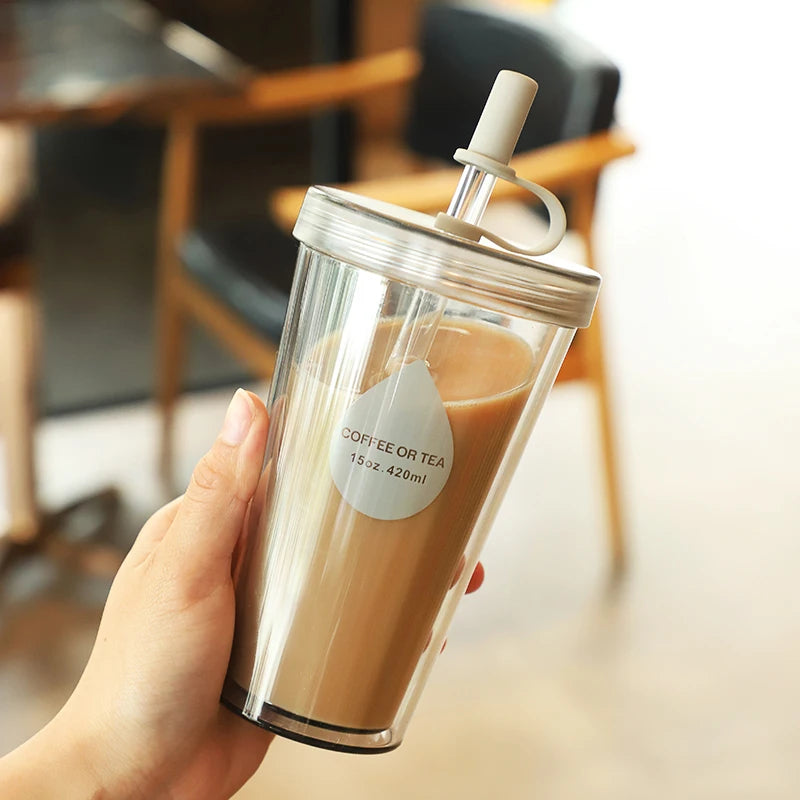 Double Layer Straw Milk Tea Cup