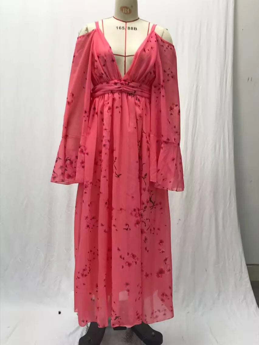 Sexy Long Floral Print Maternity Dress V-Neck Loose-Fit Versatile Base Skirt Pregnancy Clothes Casual Dress For Pregnant Women