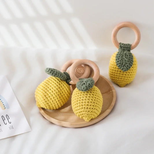 Baby Crochet Lemon Rattle Toys Wooden Bracelet Fruit Musical Rattle Teether Toys Handbell baby Soothing Oral Nursing Bite Toy