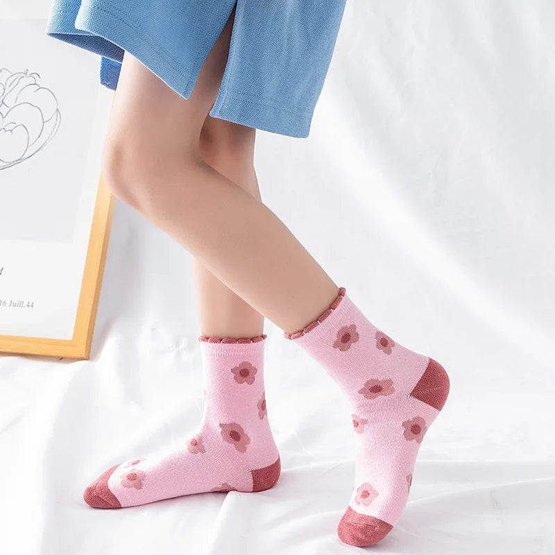 5 Pairs Pink Flower Knit Warm Childrens Socks