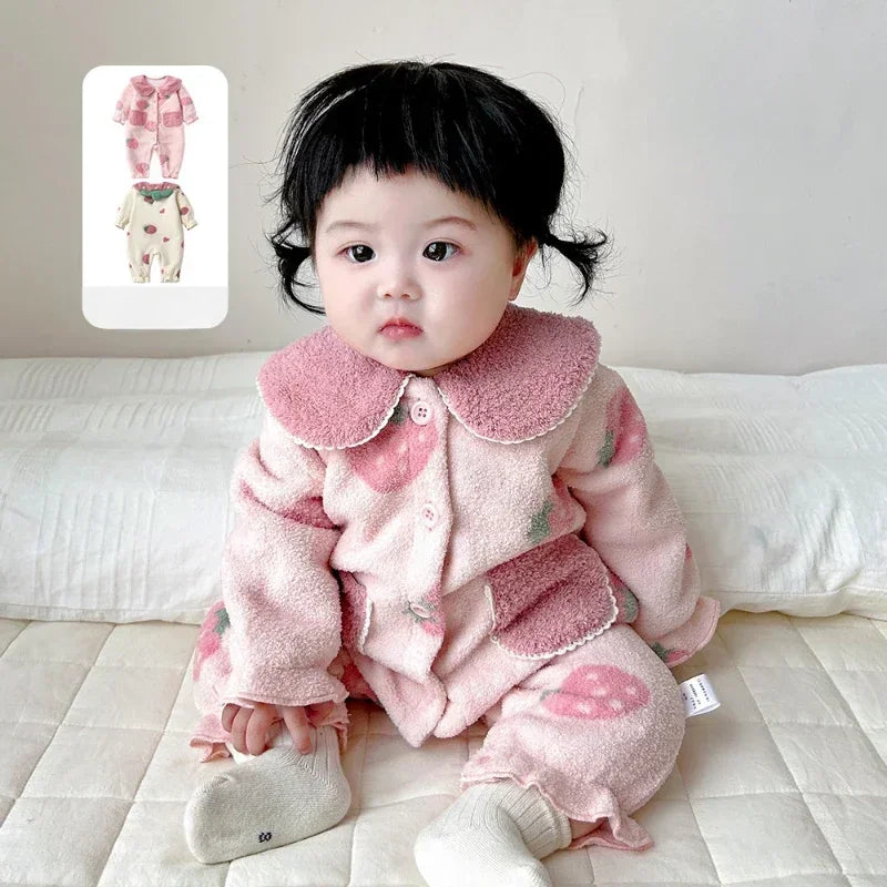 Baby Clothes Girl Autumn Winter Fleece-Lined Jumpsuit for Kids Newborn Matching Children's Snow Woolen Wool Warm Costume