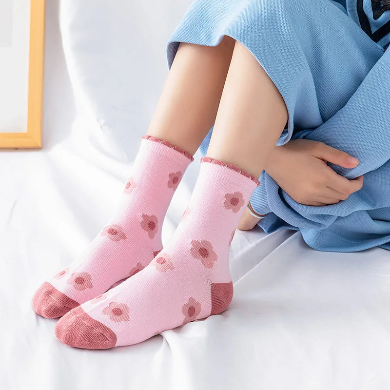 5 Pairs Pink Flower Knit Warm Childrens Socks