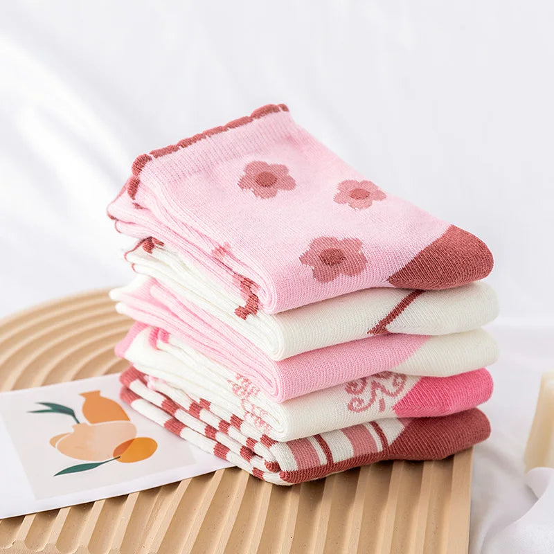 5 Pairs Pink Flower Knit Warm Childrens Socks
