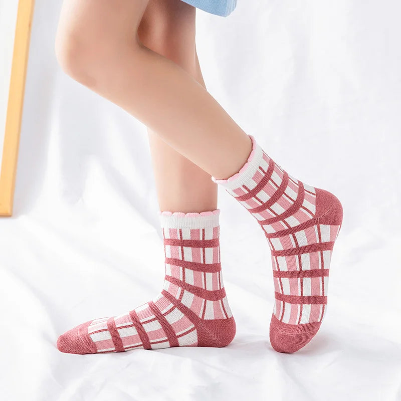 5 Pairs Pink Flower Knit Warm Childrens Socks