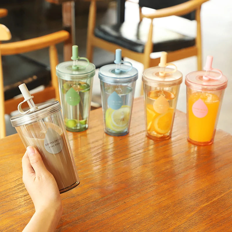 Double Layer Straw Milk Tea Cup